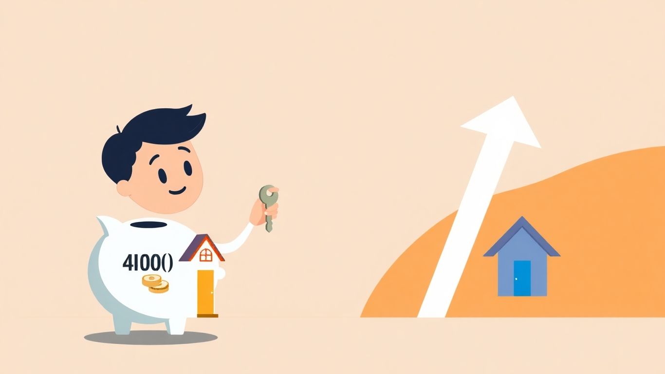 Cartoon character with house key and 401(k) piggy bank.