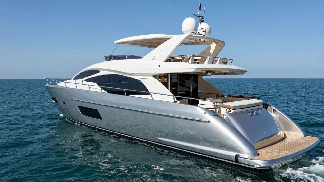 Modern 60 foot yacht sailing on a clear blue sea.