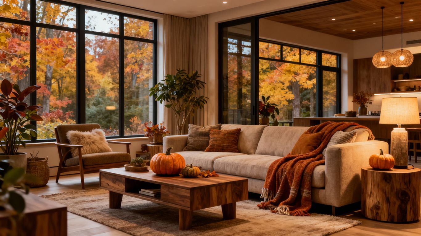 Cozy modern living room with autumn decorations and warm lighting