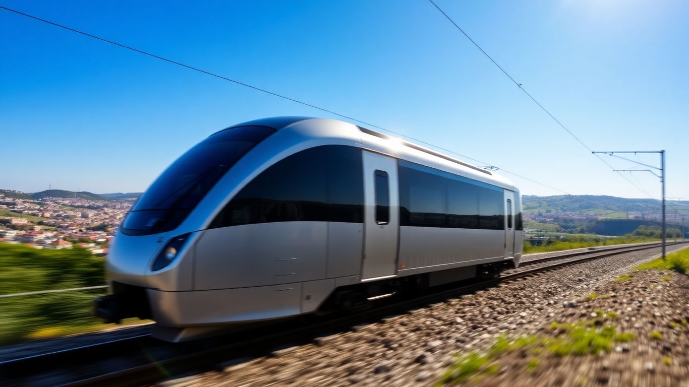 Comboio rápido entre Lisboa e Tomar em paisagem bonita.
