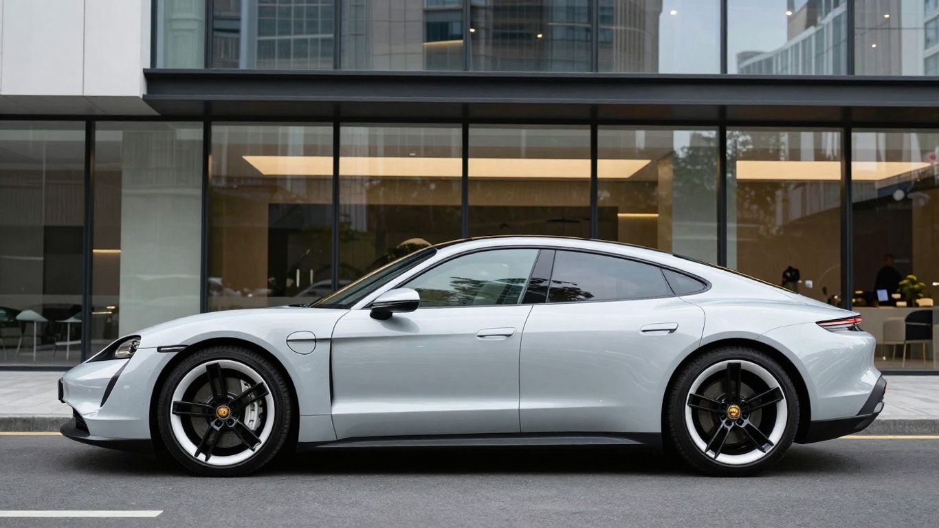 Porsche car outside modern Shanghai R&D building.