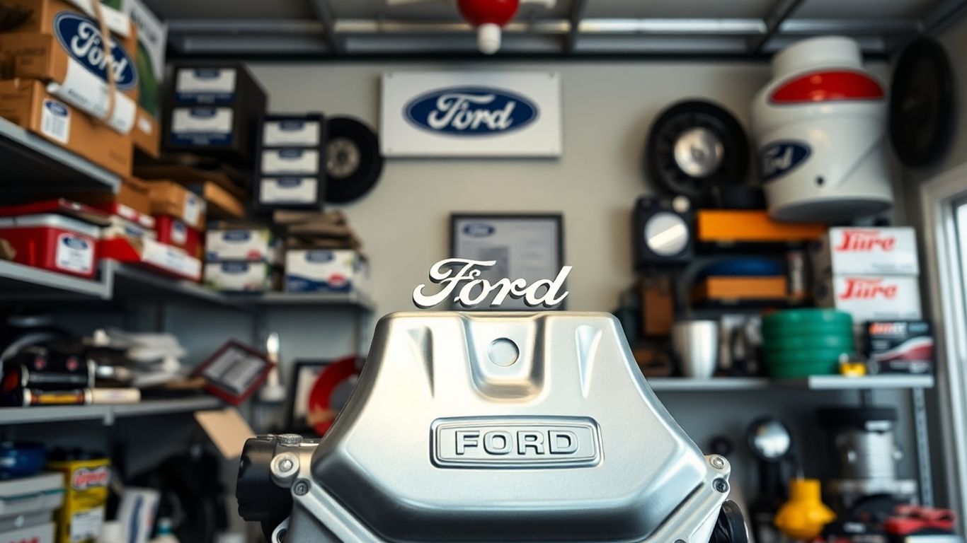 Genuine Ford parts displayed in a workshop.