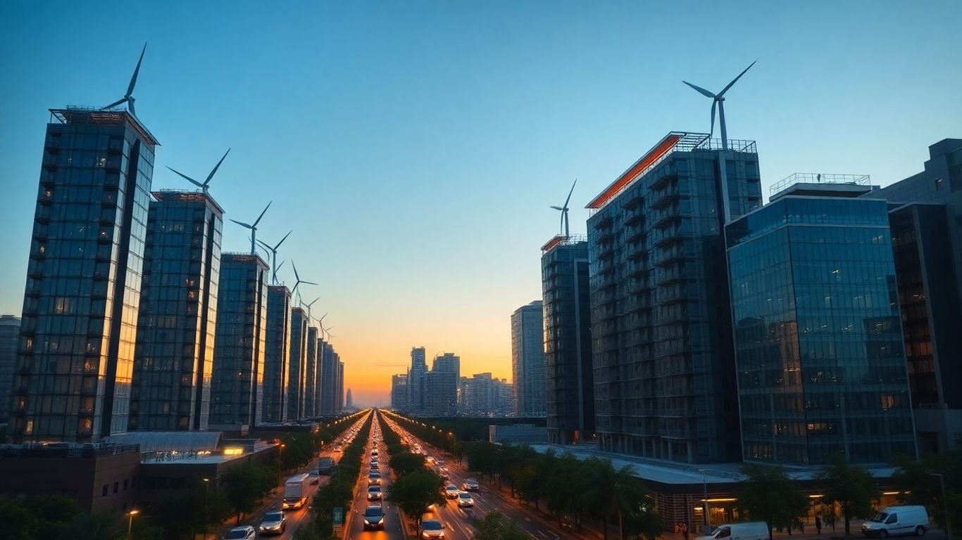 Oraș european modern cu energie regenerabilă integrată.