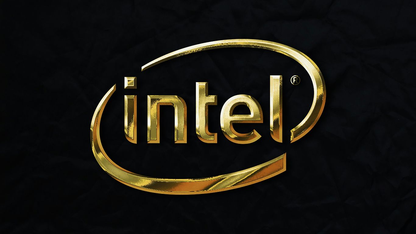 a gold intel logo on a black background