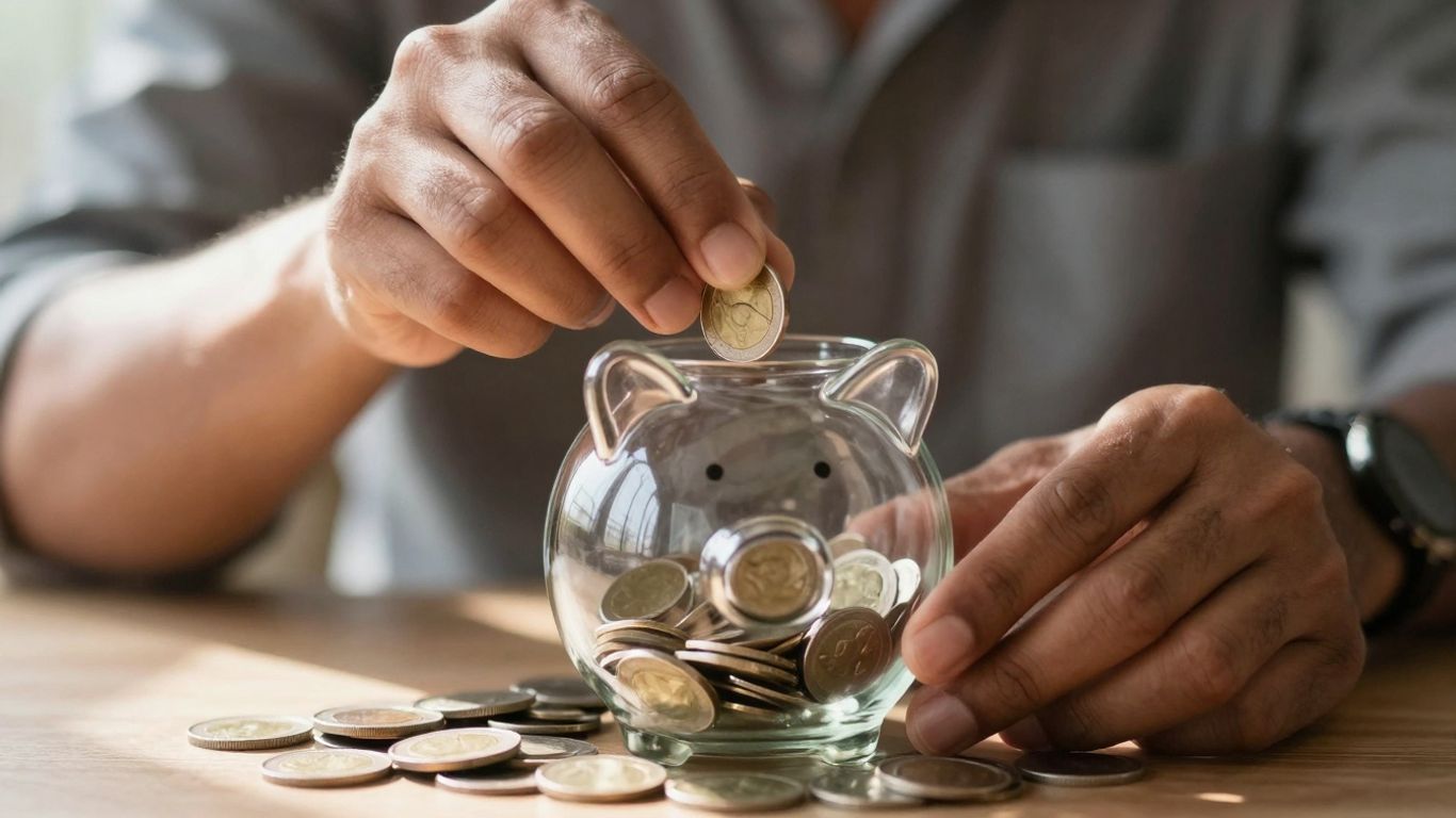 أيادٍ تضع قطعاً نقدية في حصالة زجاجية على شكل خنزير.