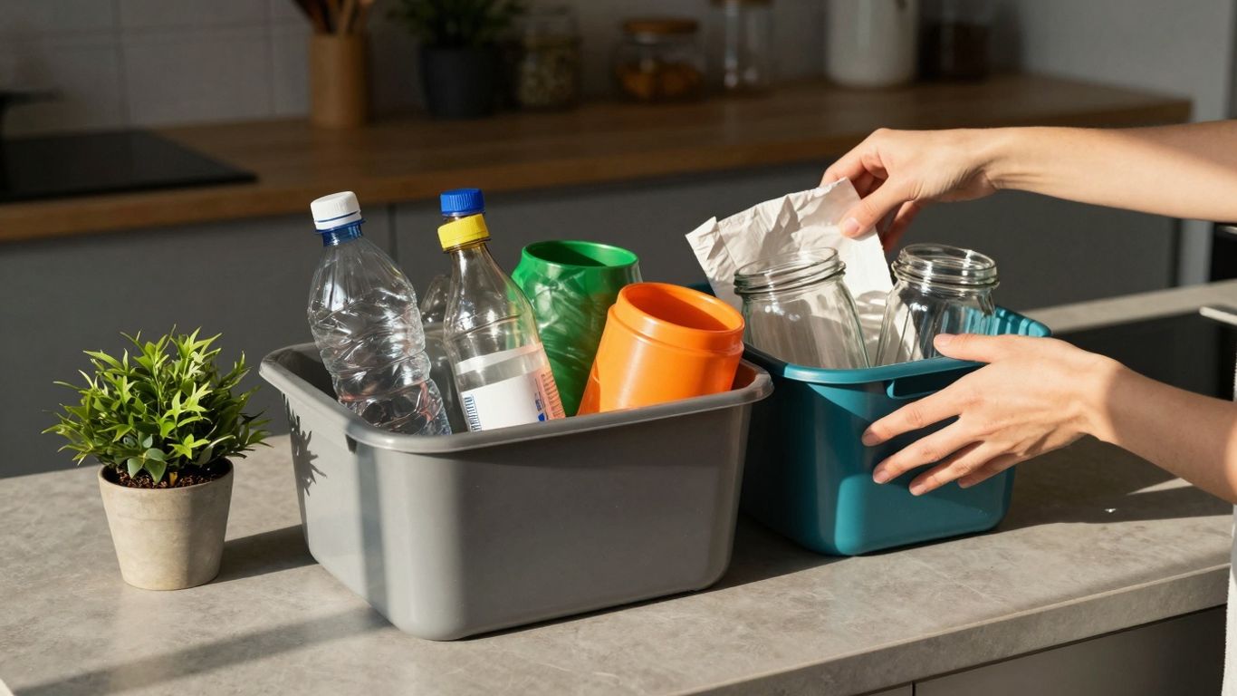 Mâini sortând materiale reciclabile acasă pentru un stil de viață sustenabil.