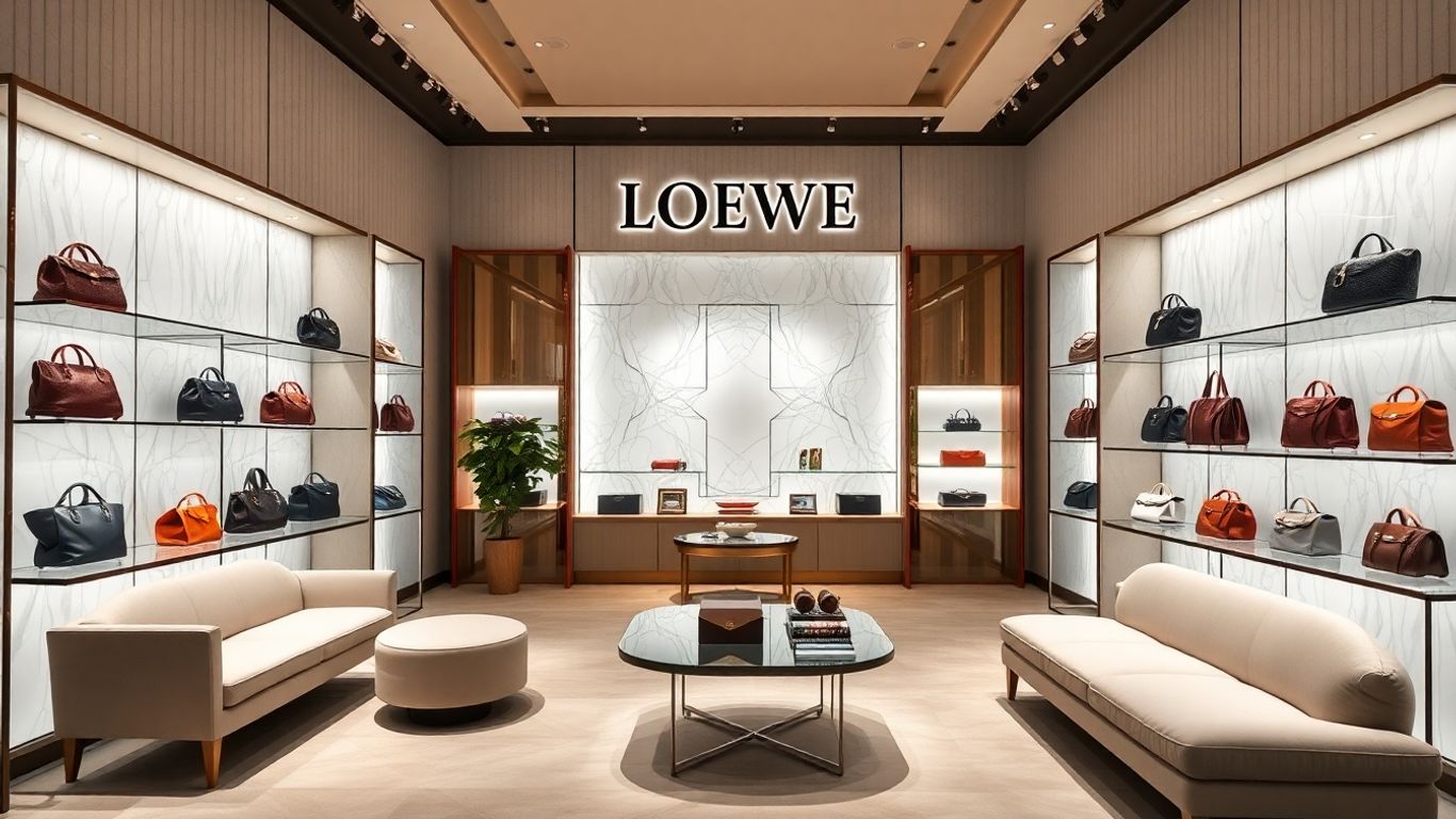 Loewe boutique interior with luxury handbags and leather goods.