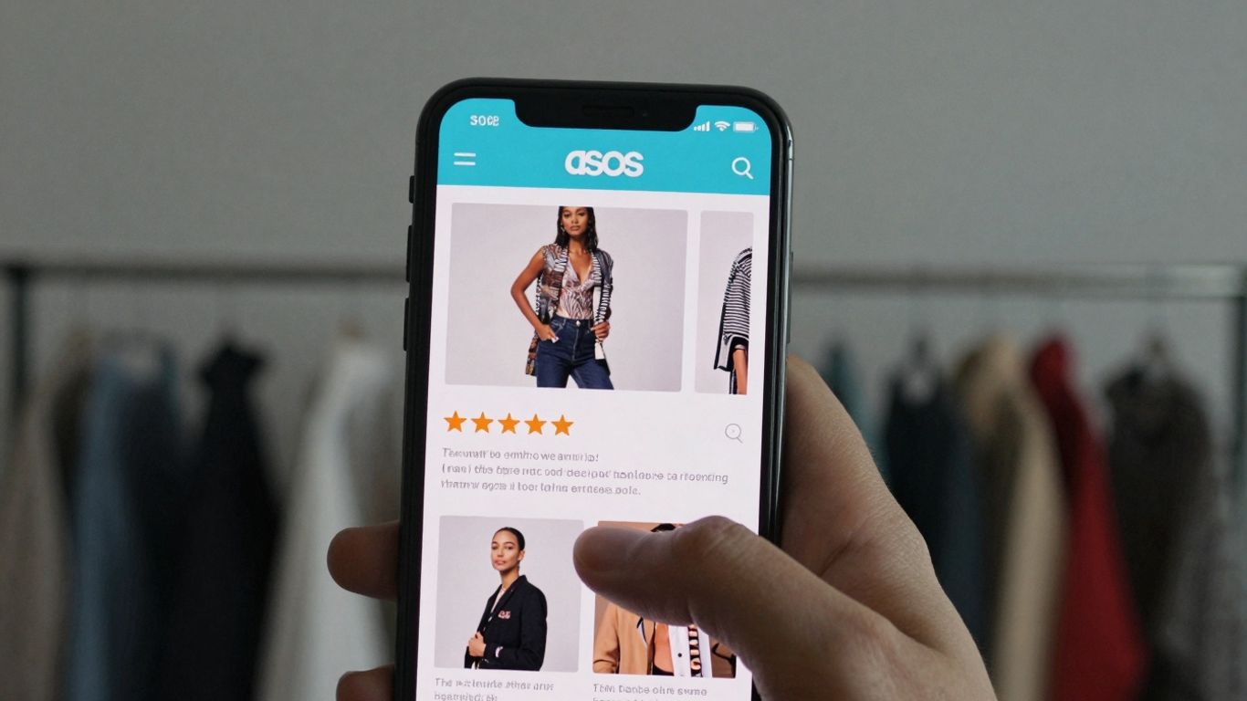 ASOS app on a smartphone showing product reviews.