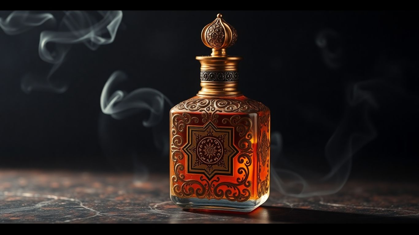 Ornate Middle Eastern perfume bottle with fragrant smoke.