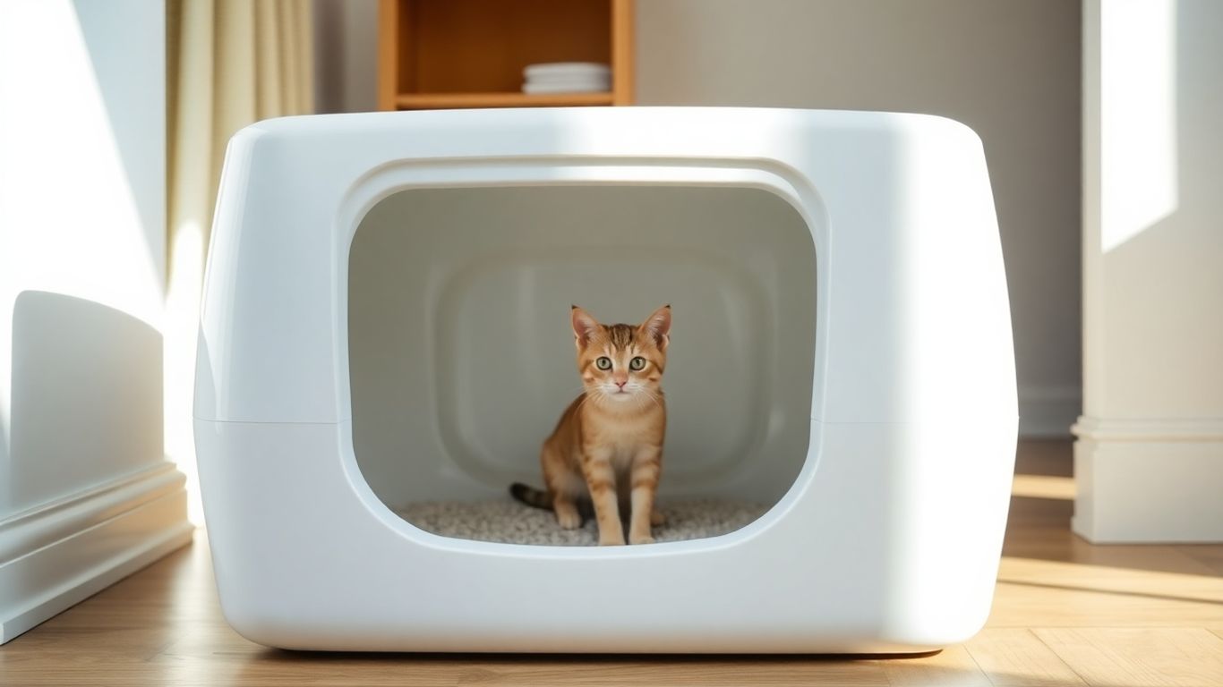 Modern covered cat litter box in a home setting.