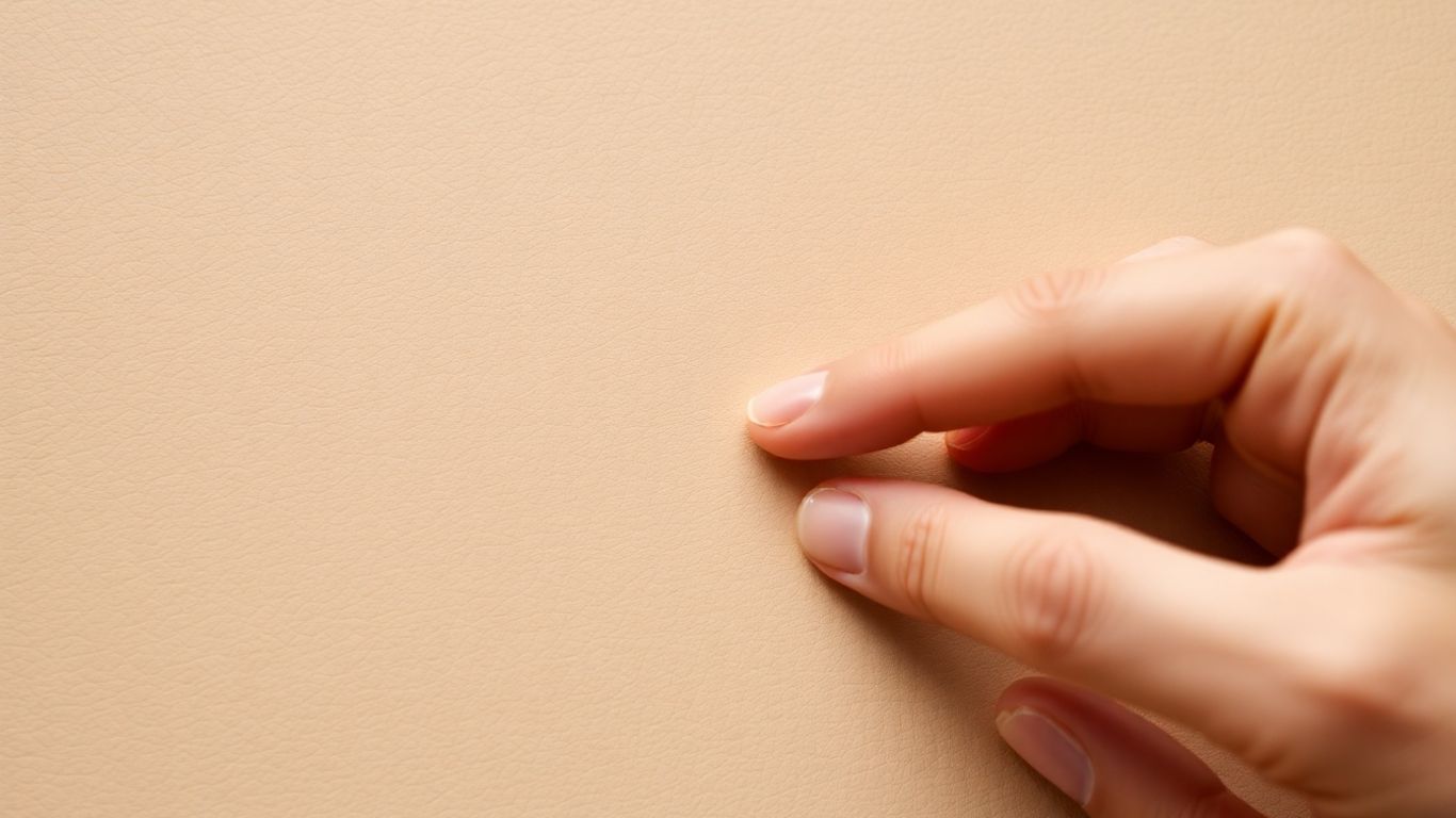 Hand berührt weiches, beiges Nubukleder mit sichtbarer Textur.
