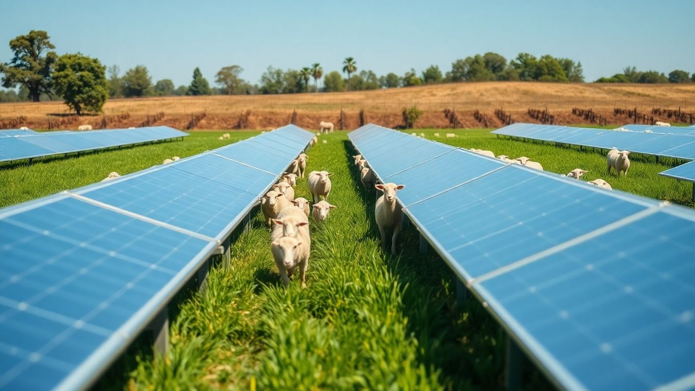 Moutons broutant près de panneaux solaires dans un champ.