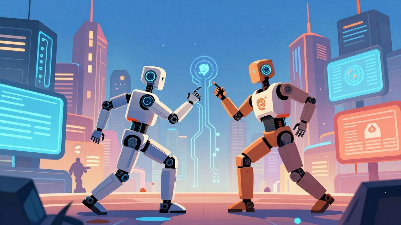 Futuristic AI cityscape with competing robots.