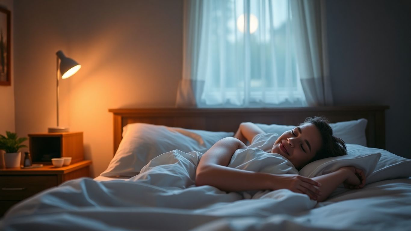 Person sleeping peacefully in a moonlit bedroom.