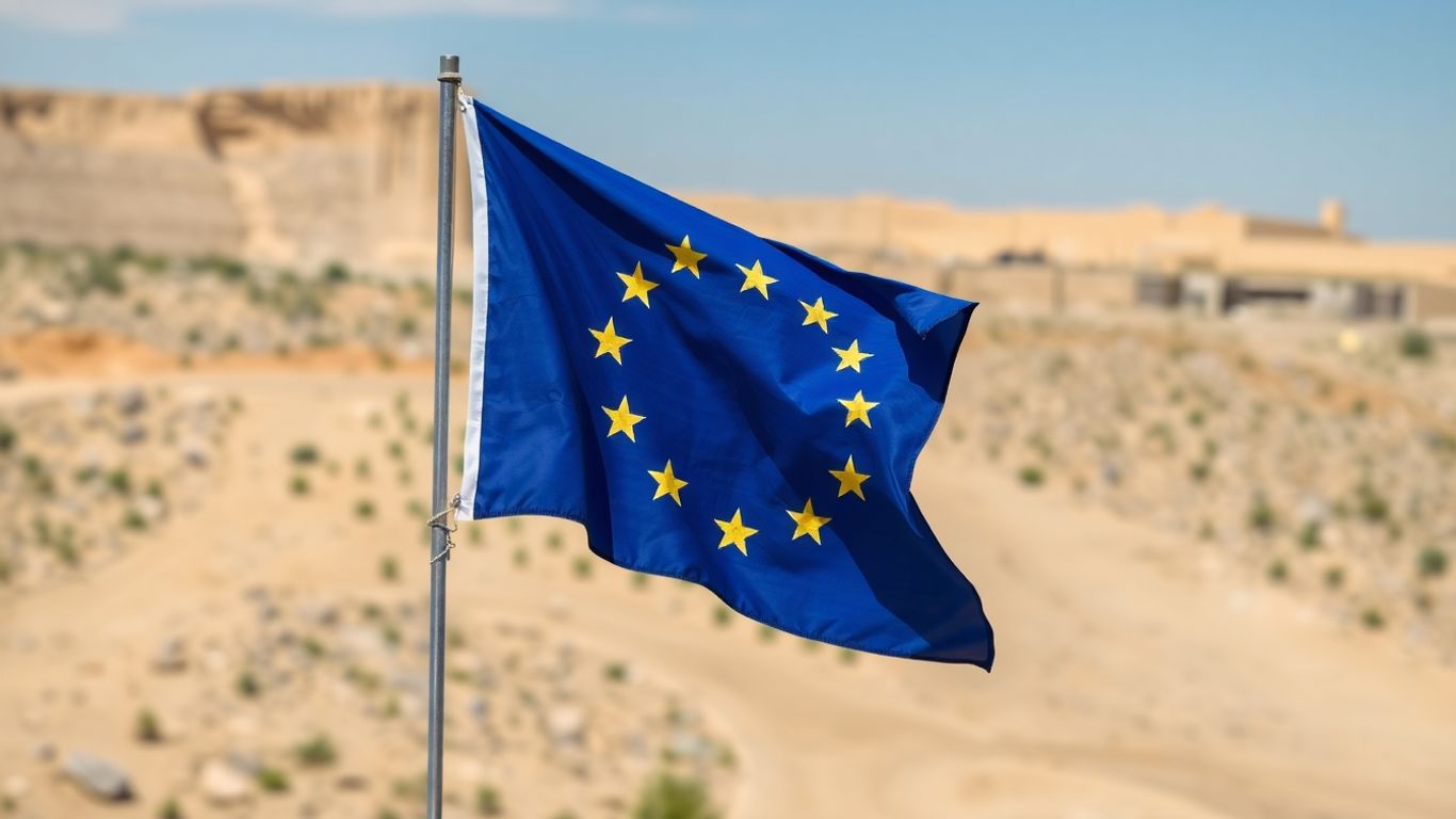 Drapeau européen sur fond de paysage moyen-oriental.