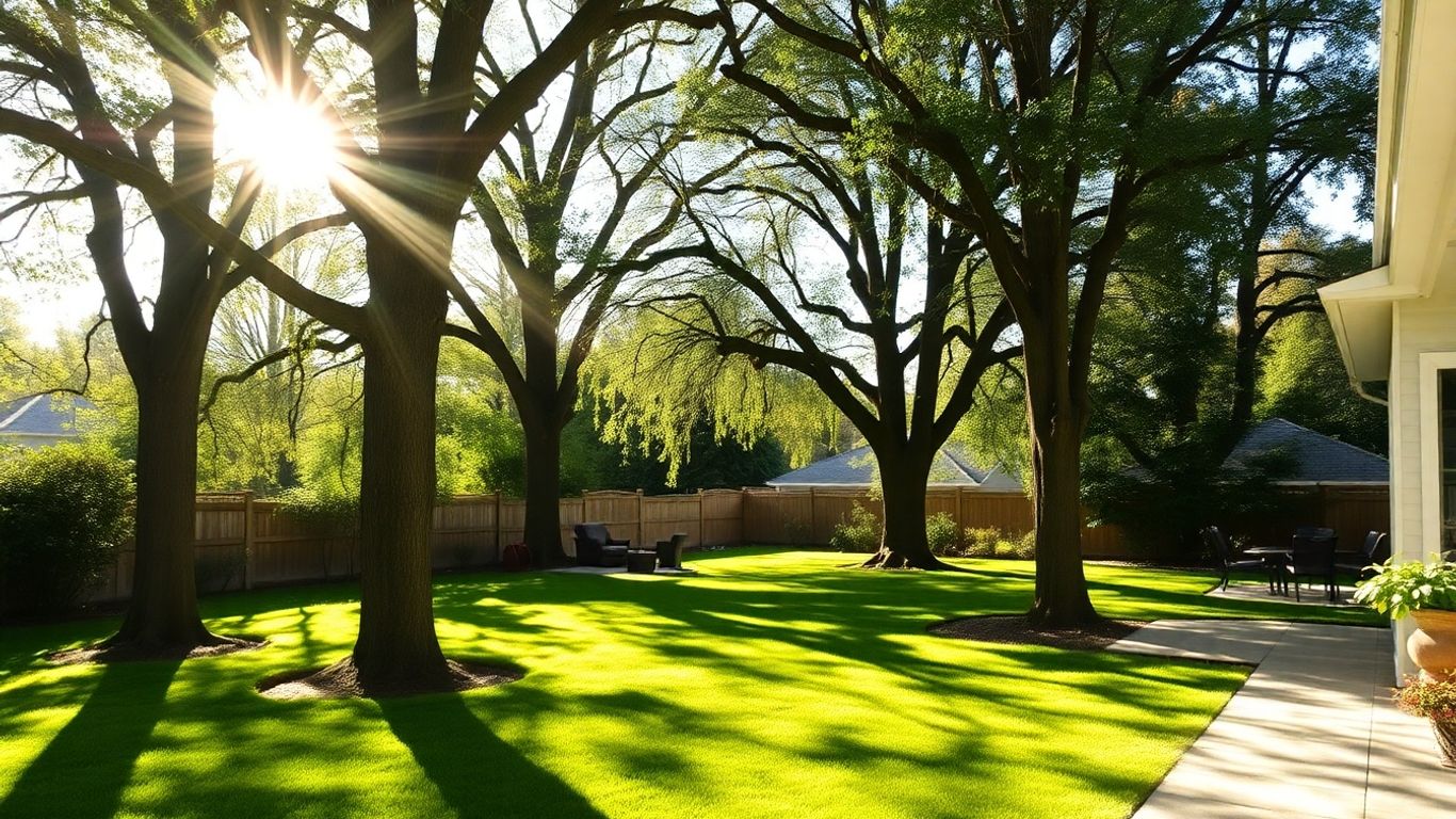 Sunlight through trimmed tree branches onto a backyard.