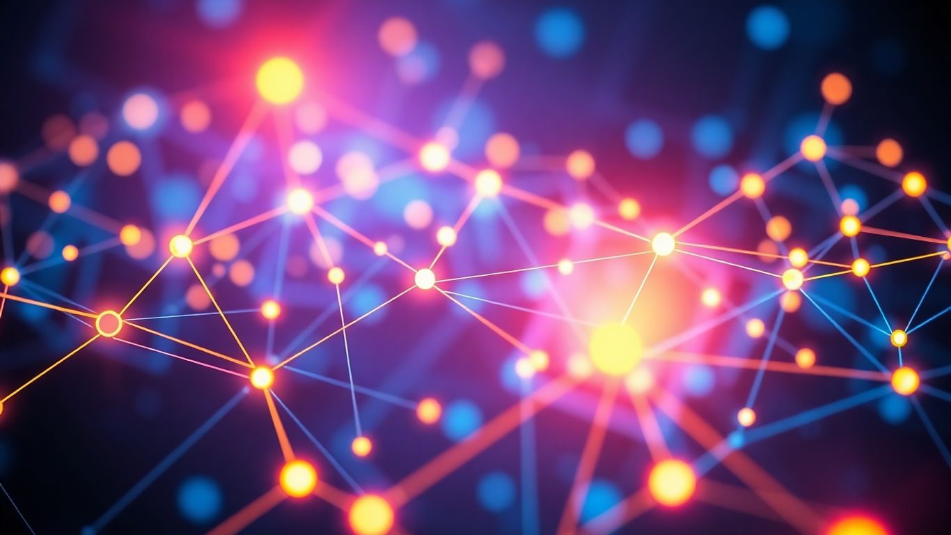 Réseau numérique avec connexions lumineuses et formes abstraites.