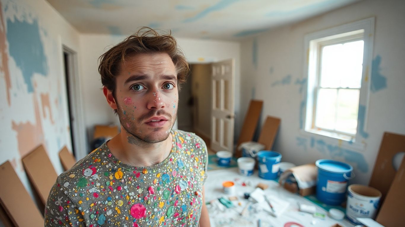 Frustrated person covered in paint splatters in messy room.