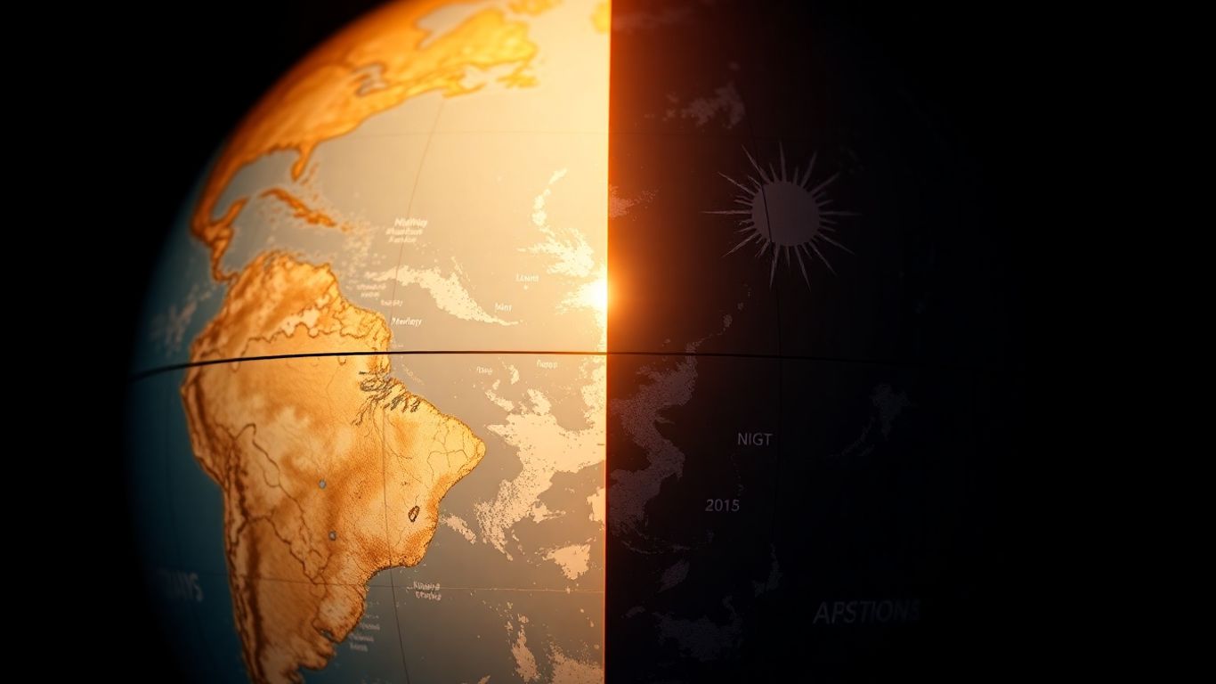 Globo terrestre com linha dividindo dia e noite.