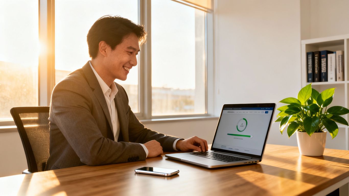 Small business owner using a laptop with fast internet.