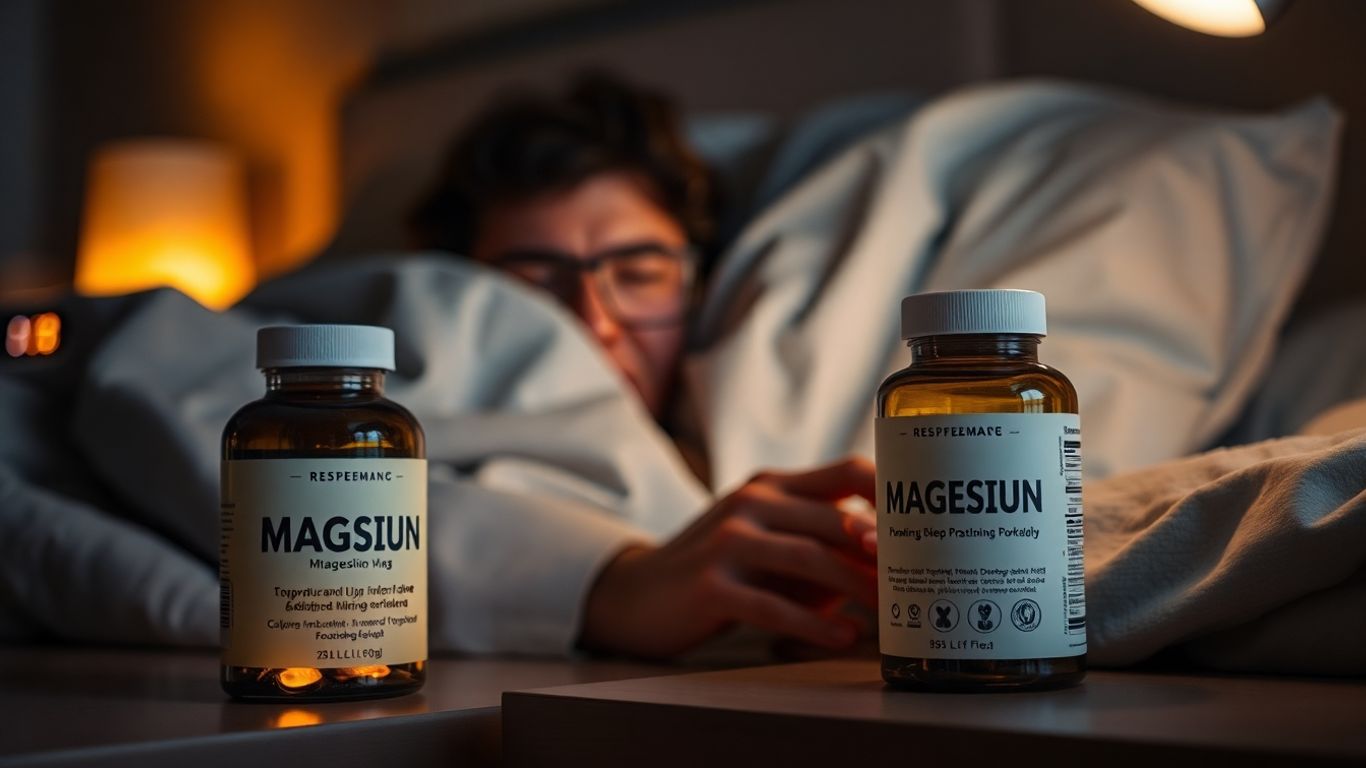Restless person in bed with magnesium supplements nearby