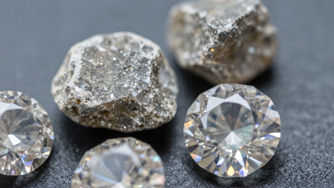 Close-up of rough, uncut diamonds on a dark surface.