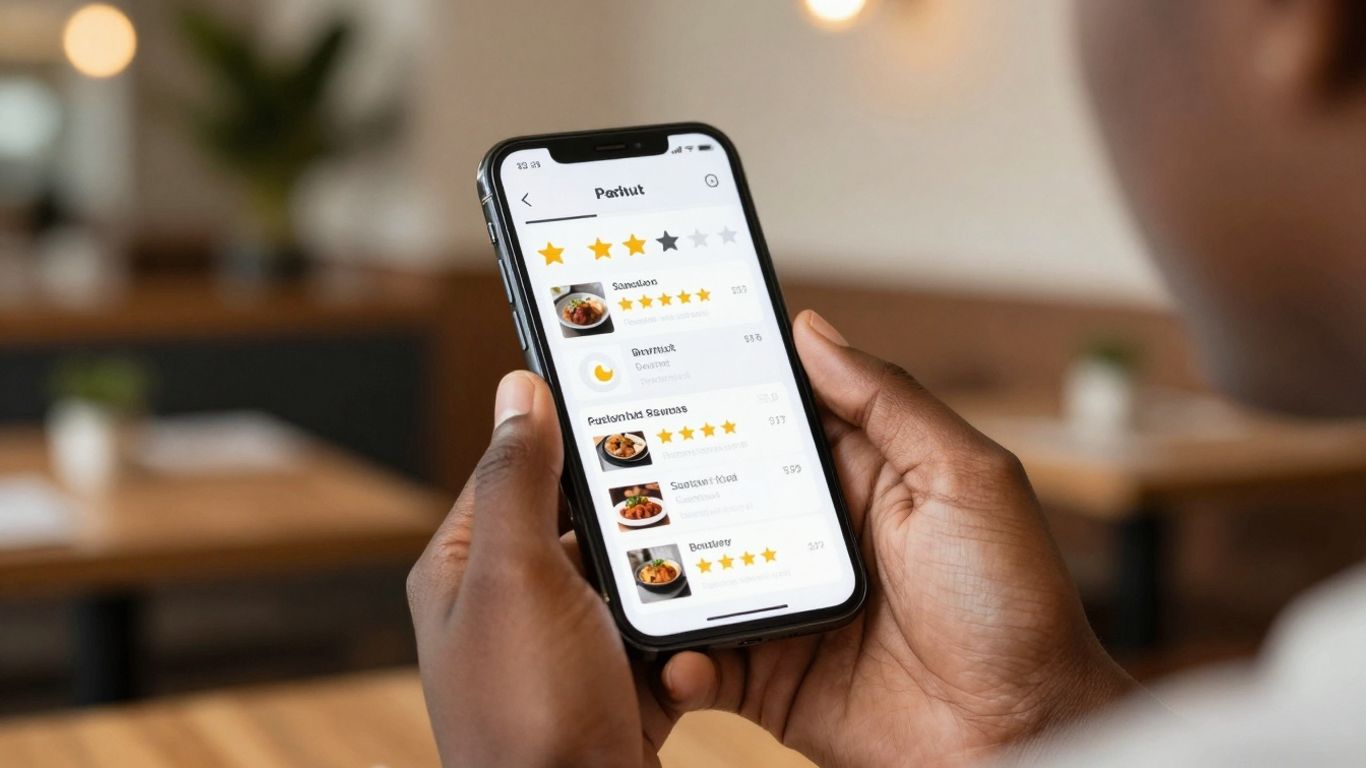 Persoană analizând recenzii de restaurante pe telefon.