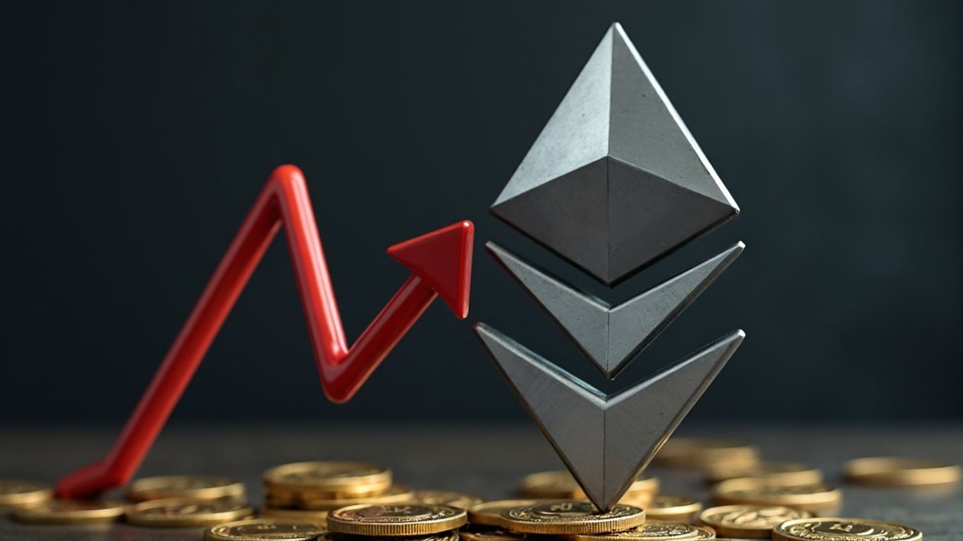 Ethereum logo with a falling arrow and coins.