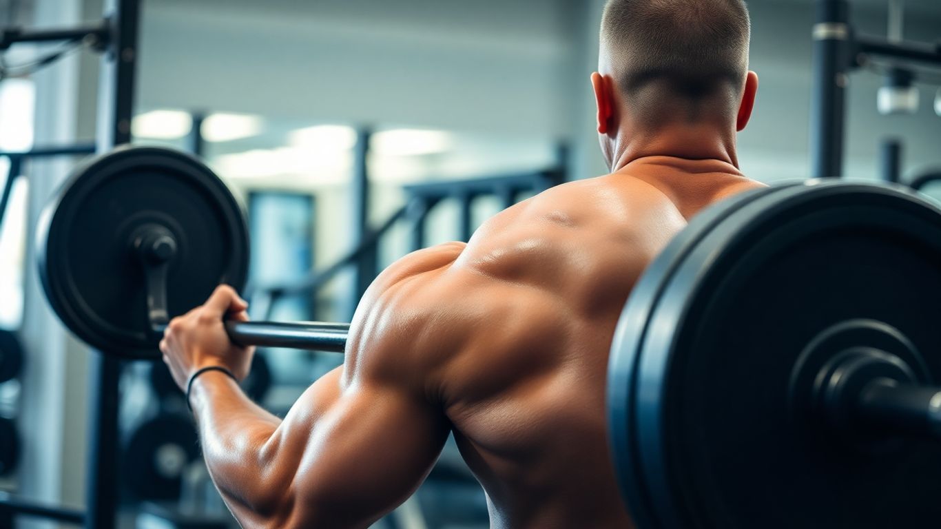 Muscular man performing a heavy barbell row workout.