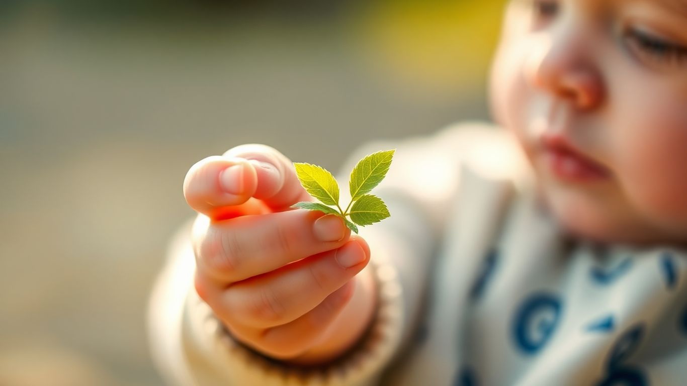 Babyhand hält grünes Blatt, friedliche Atmosphäre.