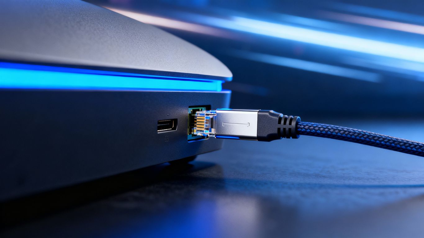 PS5 with Ethernet cable for gaming