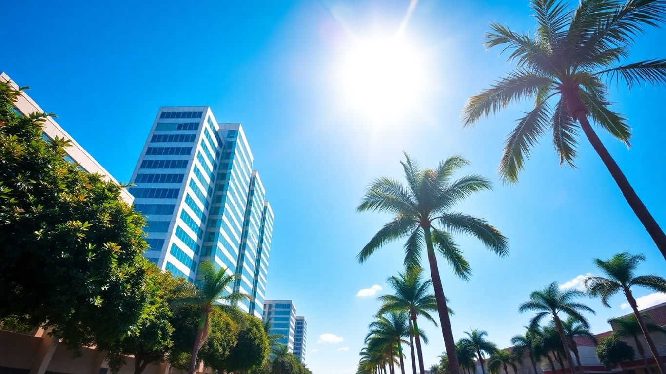 Boca Raton skyline with palm trees and modern buildings.