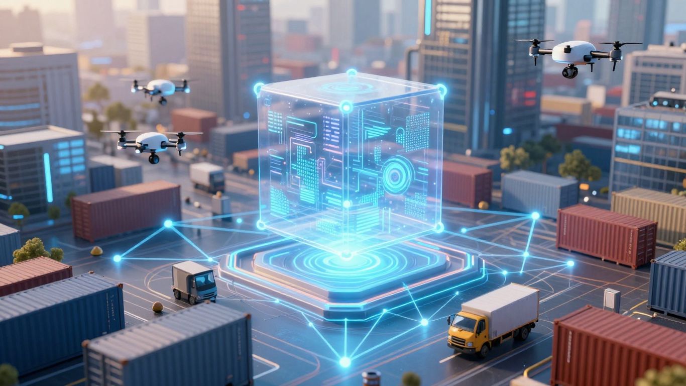 Blockchain network connecting logistics and shipping.