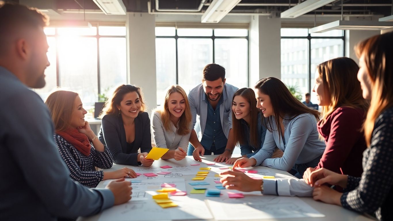 Team brainstorming in a modern office.