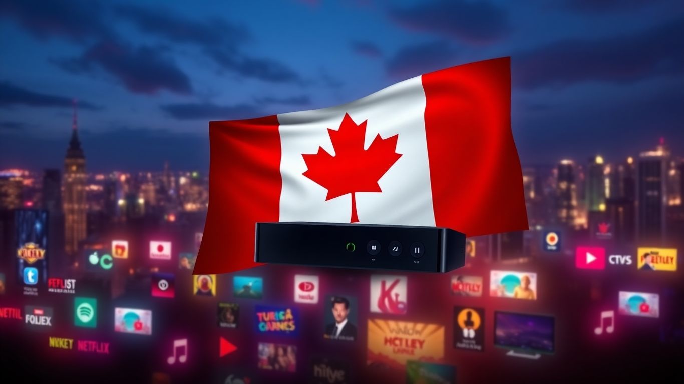 Canadian flag with streaming device and entertainment icons.
