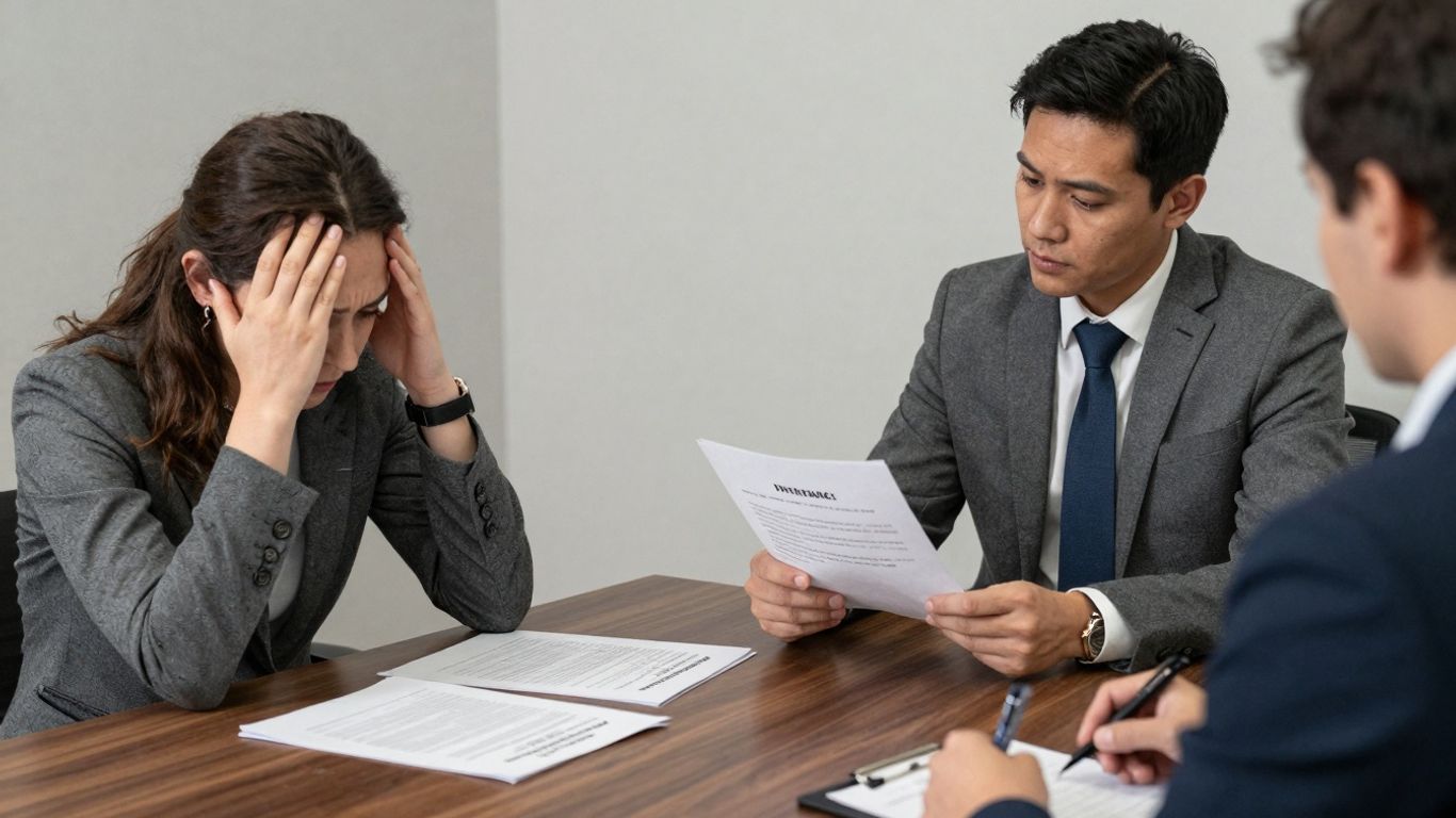 Insurance adjuster and client discussing accident claim papers.