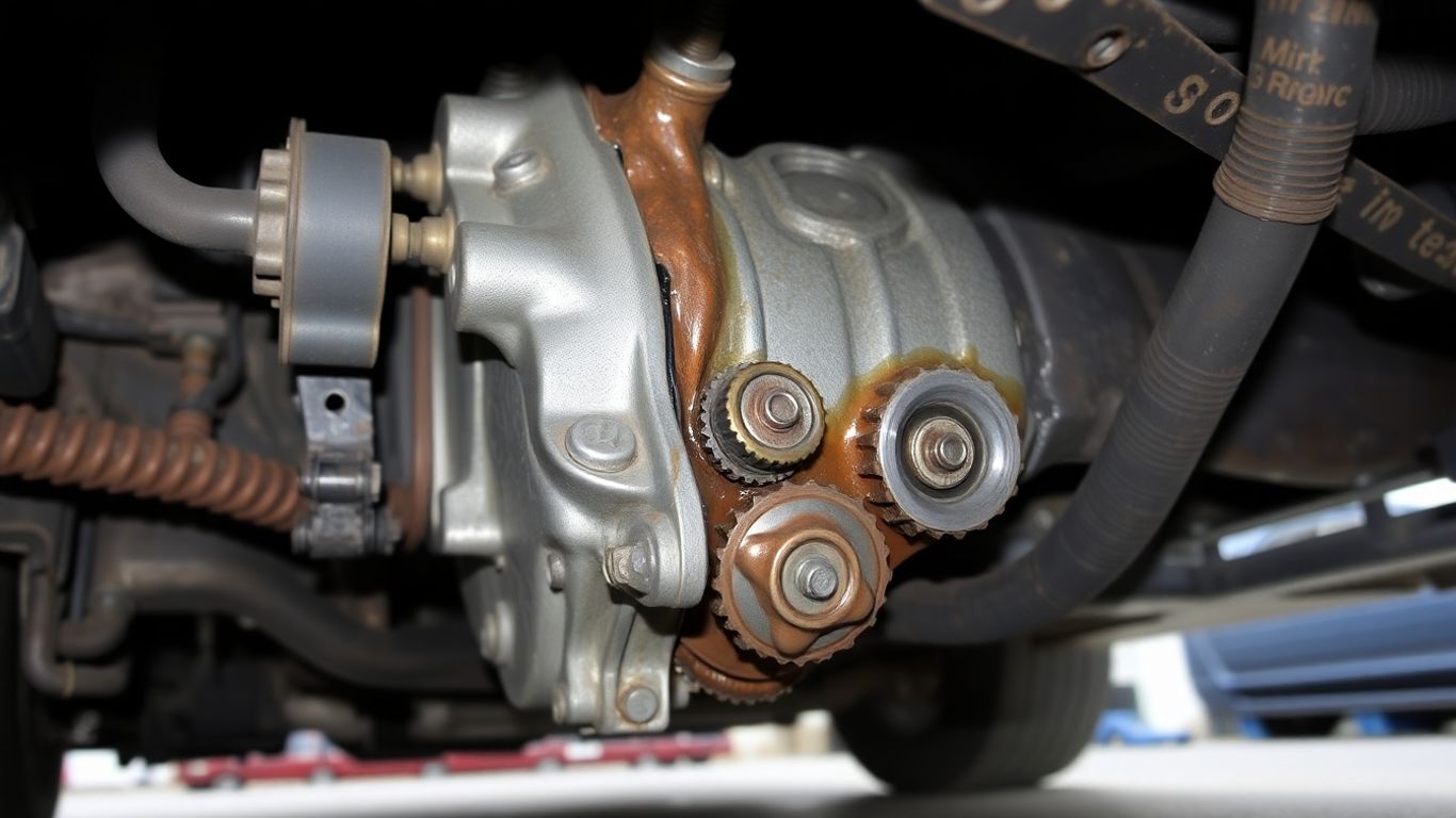 Damaged Subaru transmission under a car.