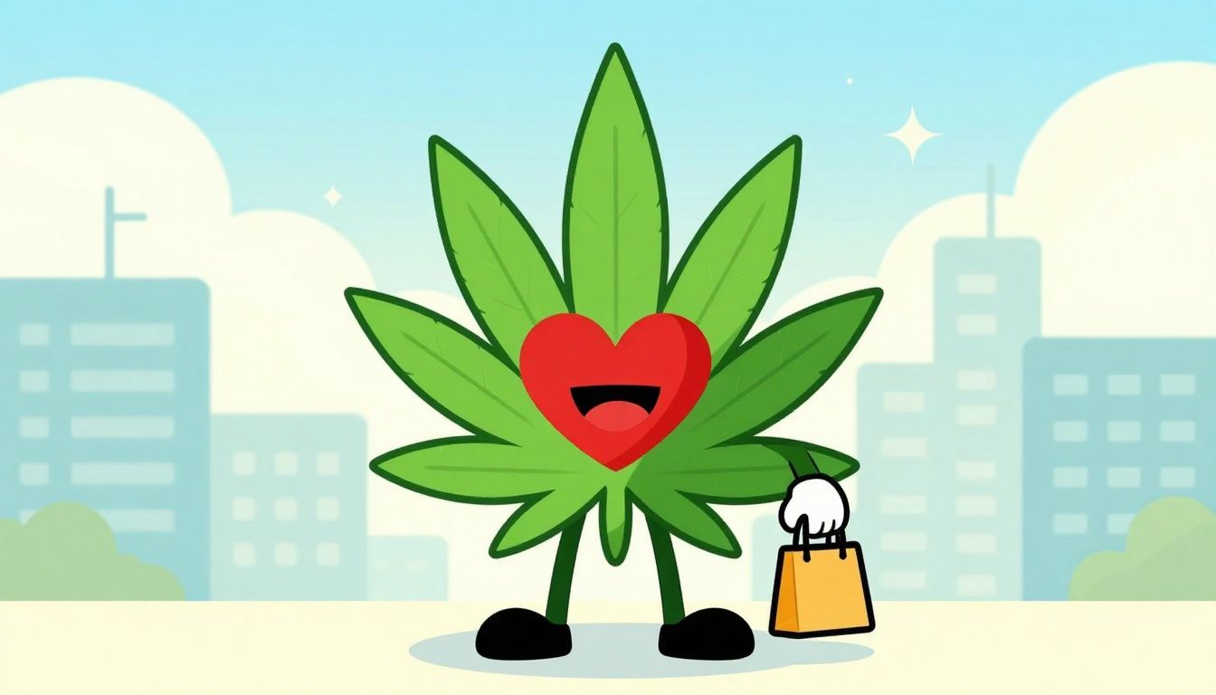 Cartoon marijuana leaf character in a cityscape.