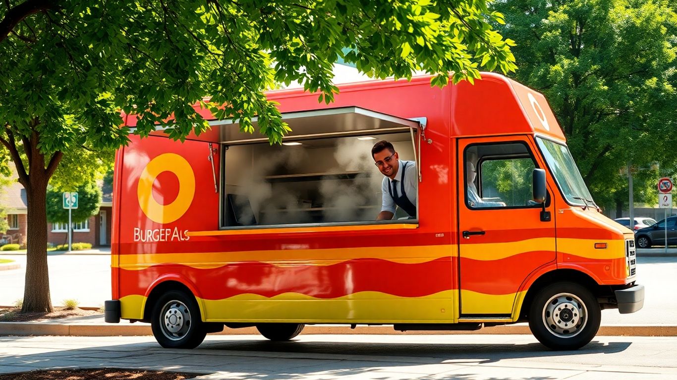 Burger van parked on a sunny street corner.