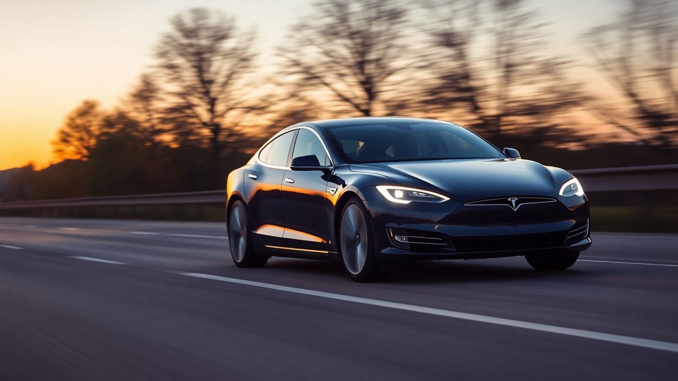 Tesla driving autonomously on highway at dusk.