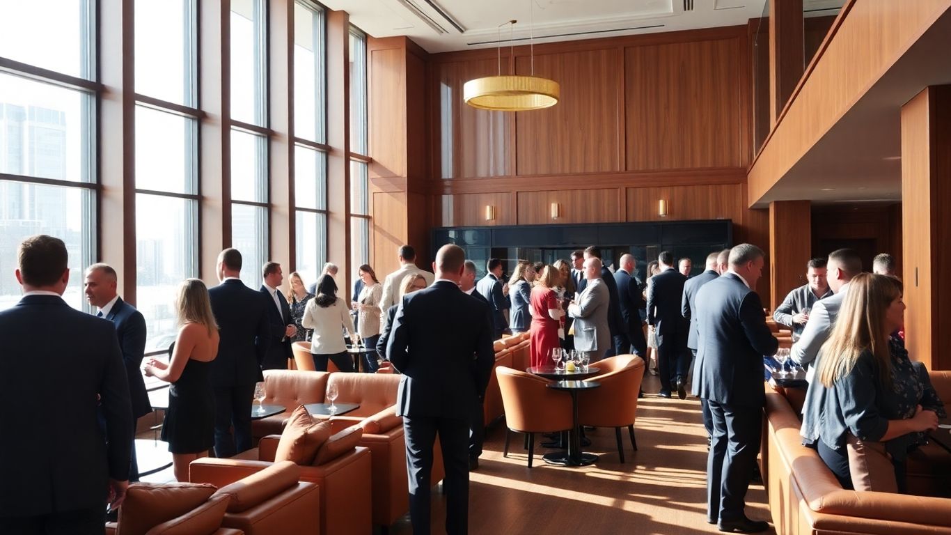 Exclusive private club interior with members enjoying amenities.