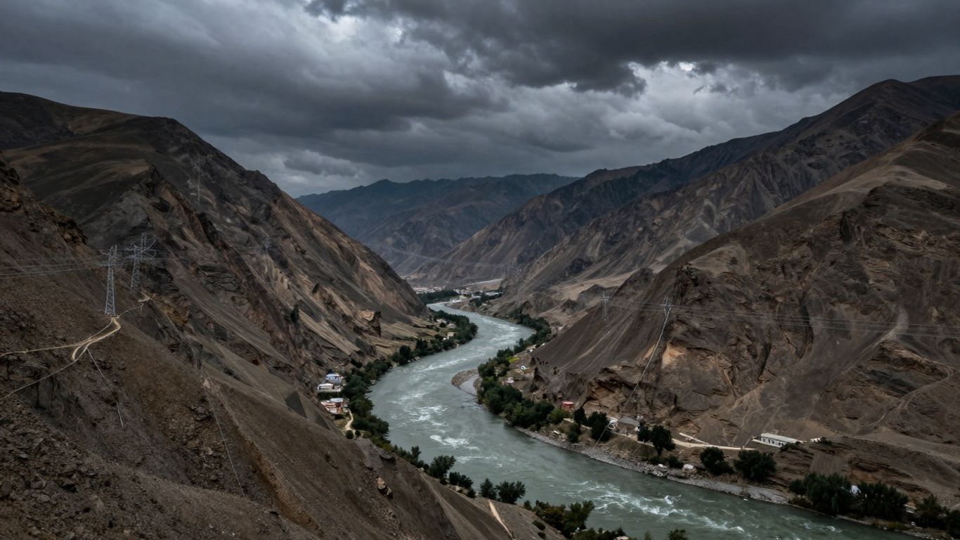 Peisaj montan cu linii electrice și cer furtunos.