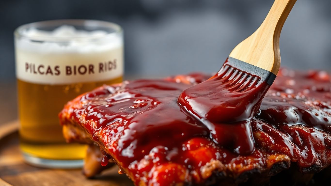 Ribs being brushed with beer-infused BBQ sauce