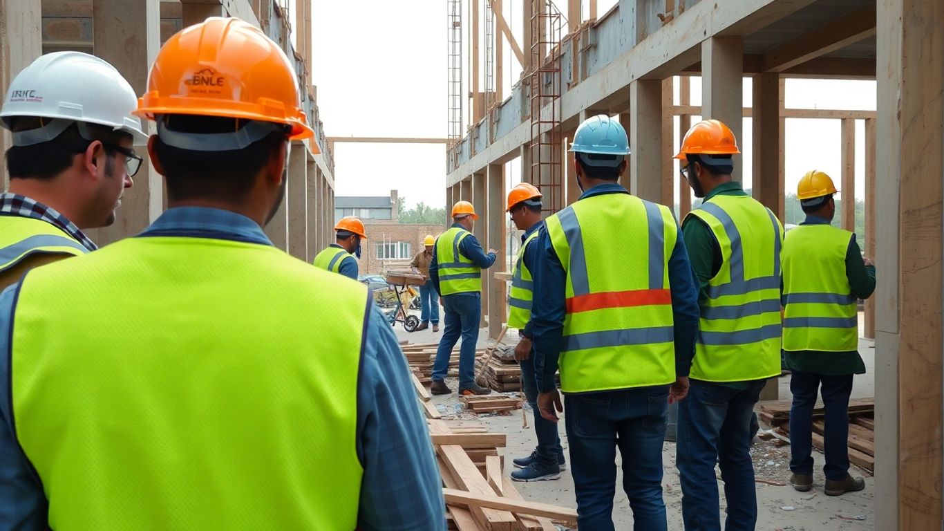 Construction workers building a structure with tools and materials.