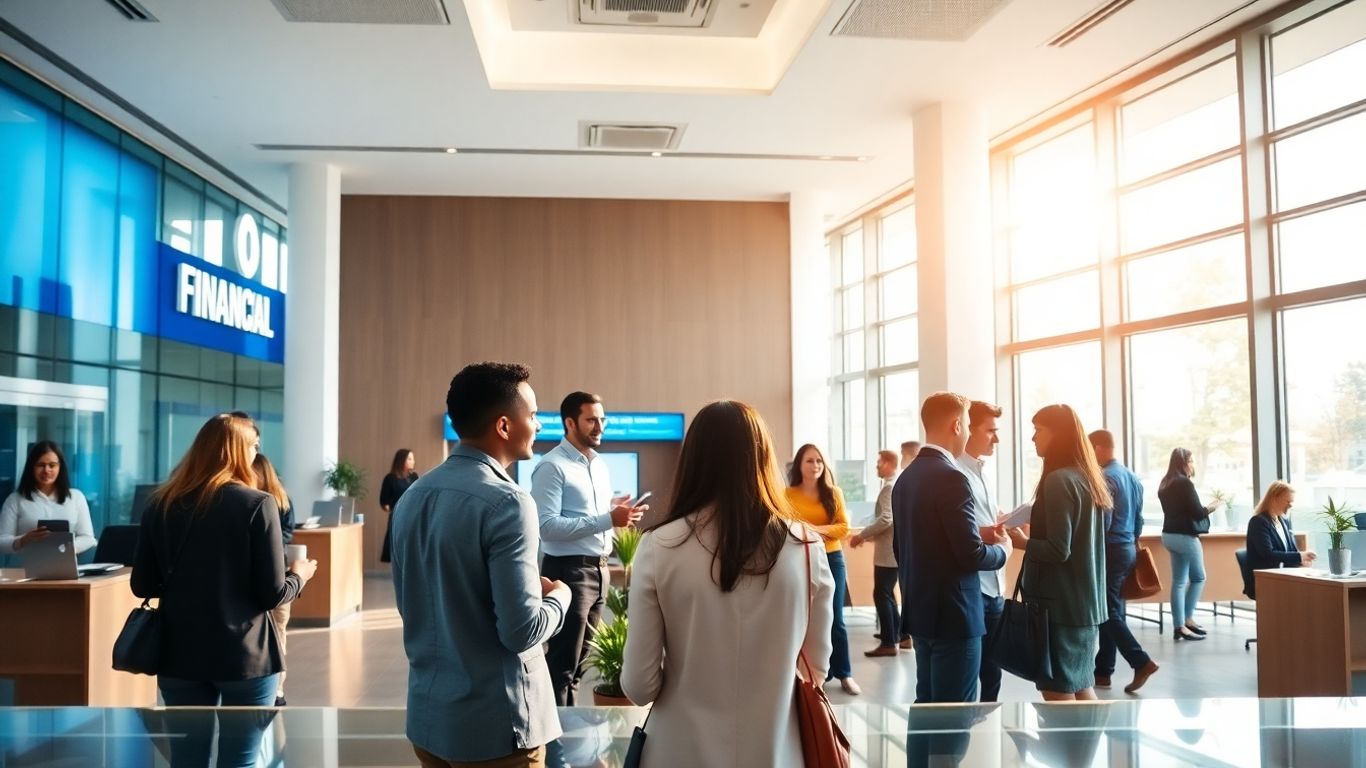 Pessoas trabalhando em um ambiente moderno de banco.