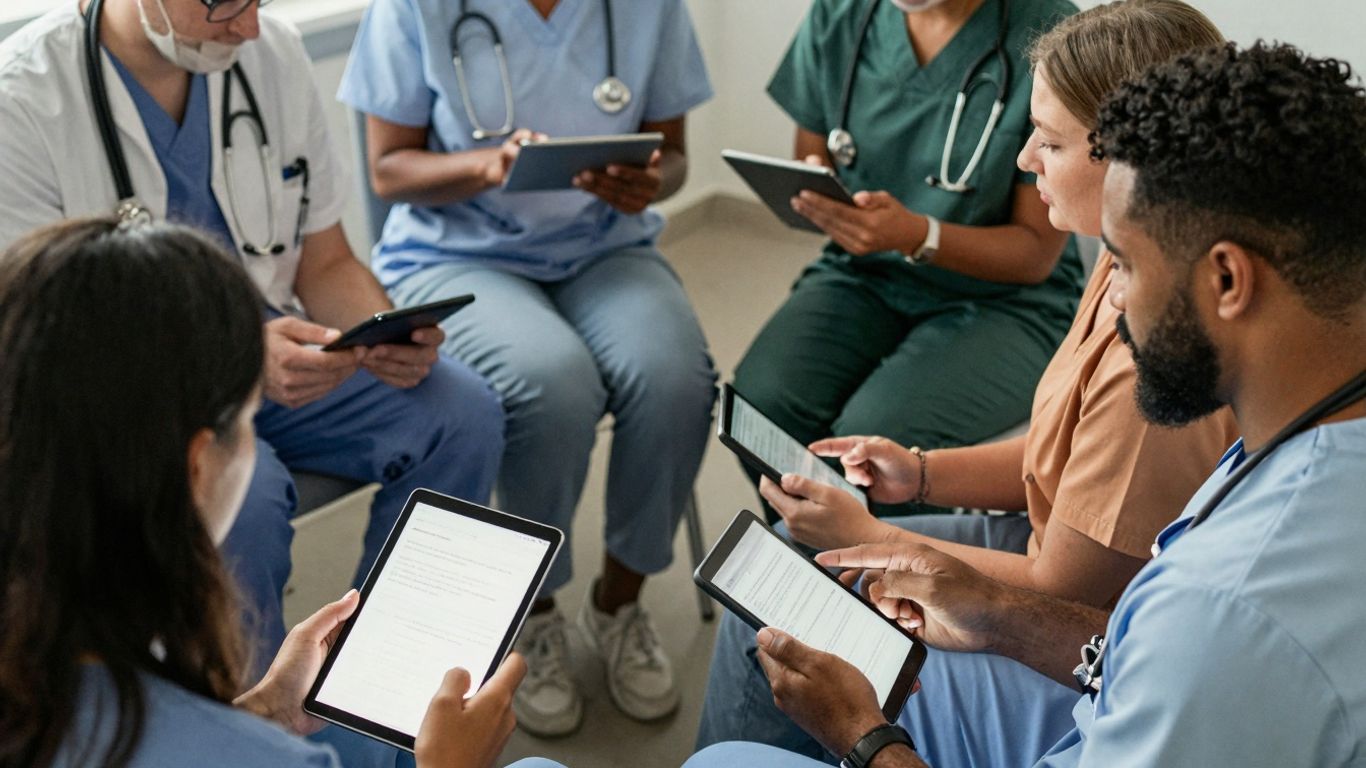 Pacienți și medici interacționând cu tehnologia digitală.