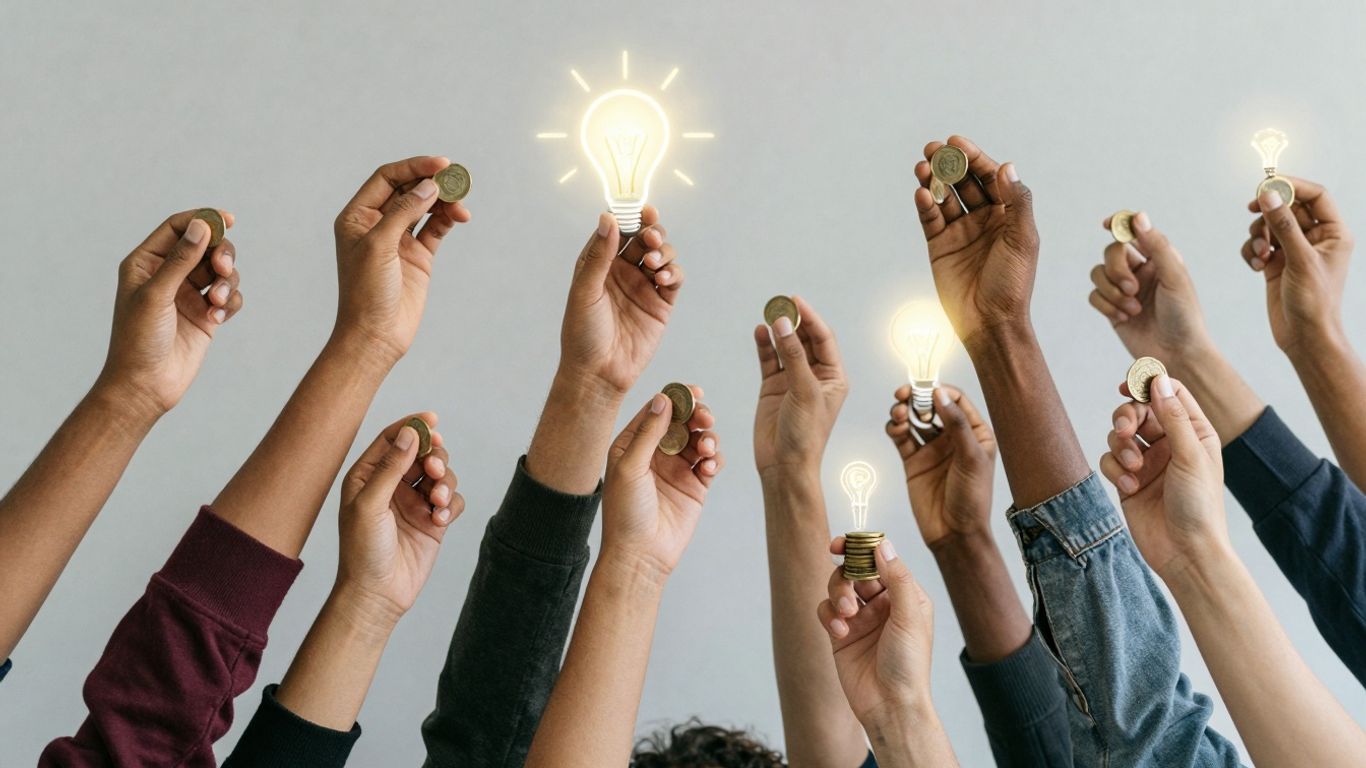 Crowdsource funding. Crowdfunding concept with hands reaching for glowing coins.