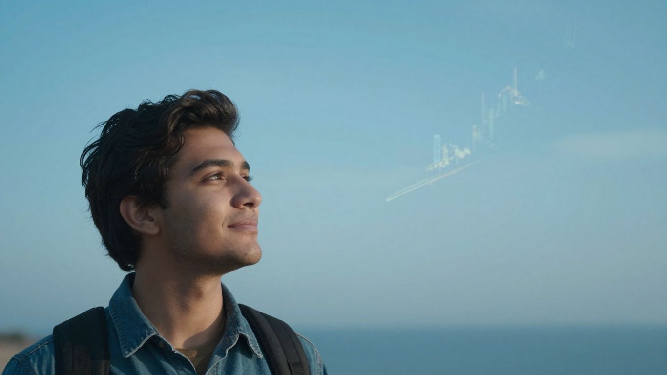 Young adult looking towards a hopeful future with financial elements.