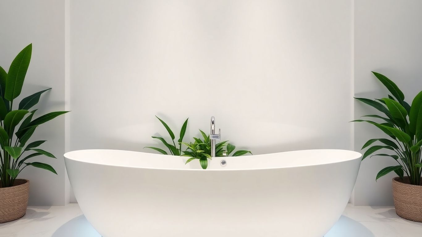 Elegant white artificial stone bathtub in a spa oasis.
