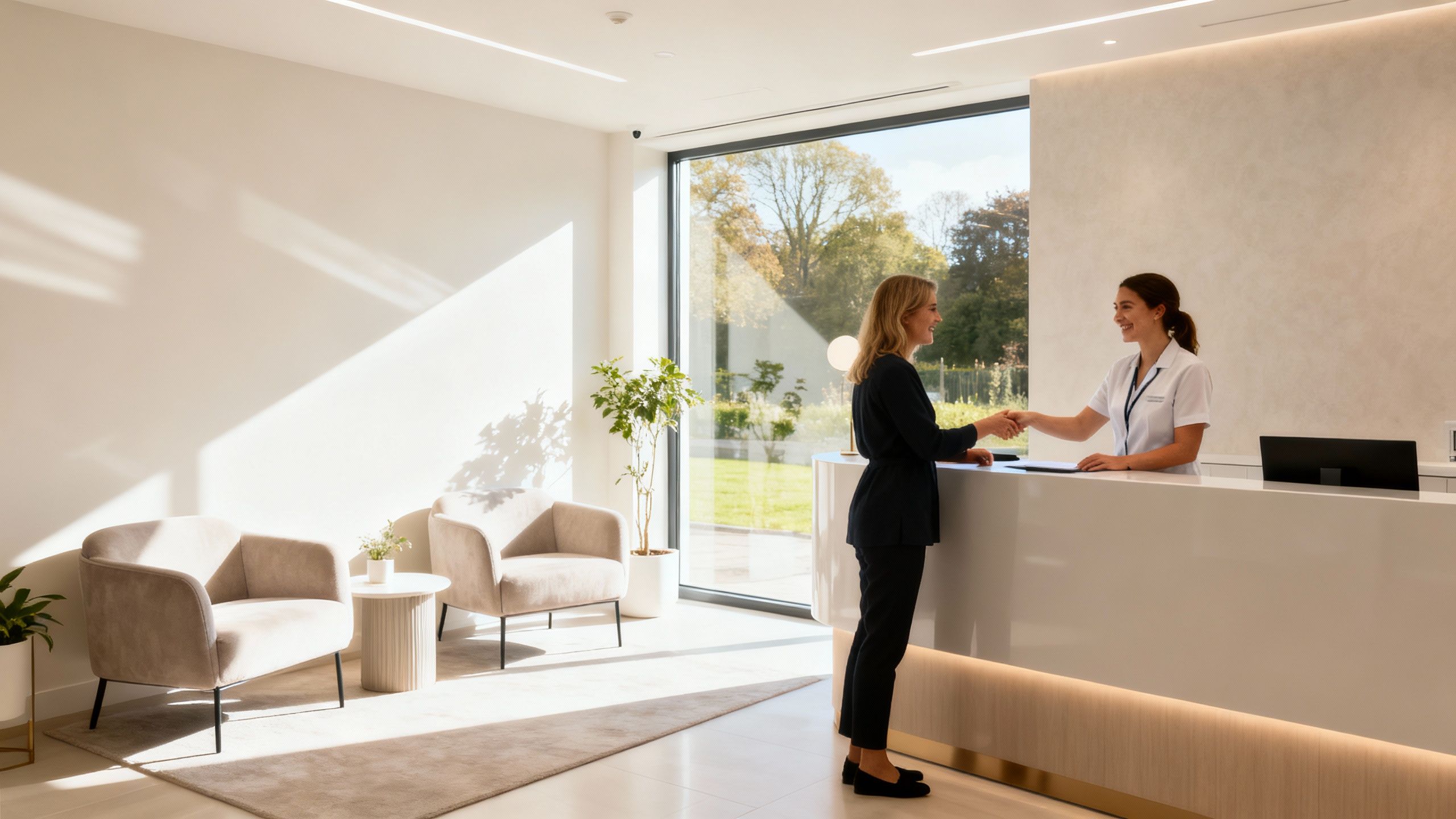 UK aesthetic clinic reception with staff and patient.